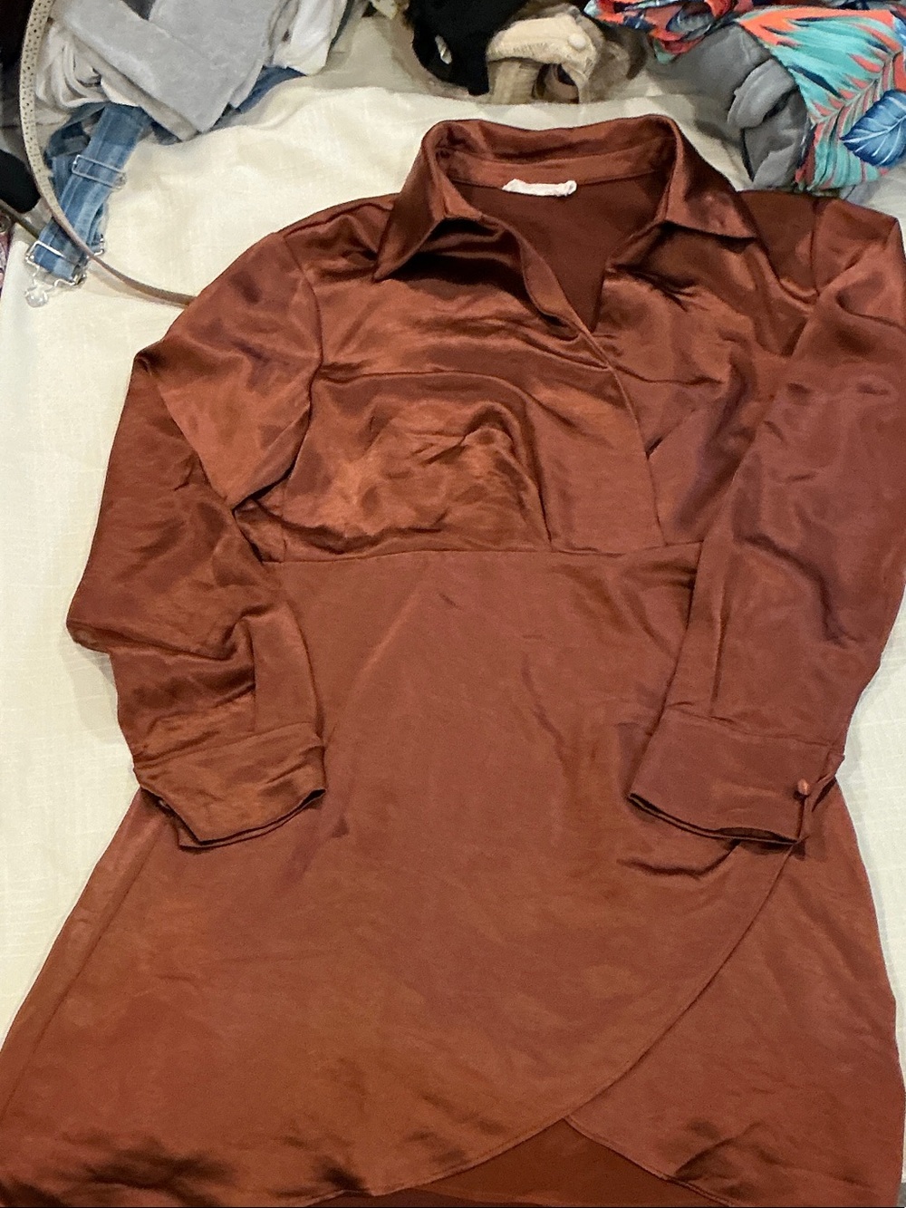 Lush Satin Long-Sleeve Wrap-Front Dress in Rust Brown